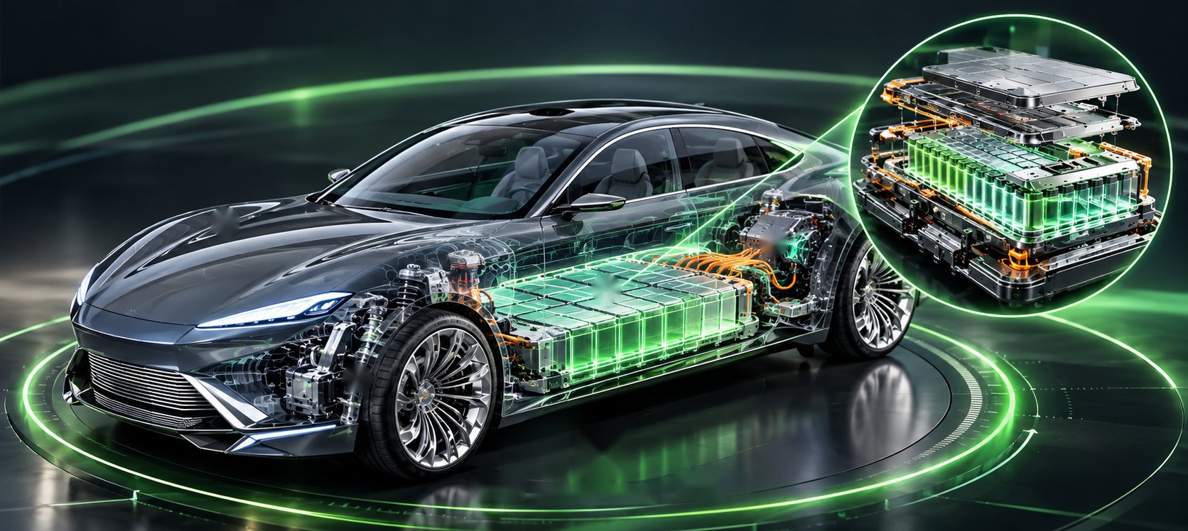 Concept electric car shown partly transparent, revealing the battery pack in its floor, with an exploded view of the pack layers.